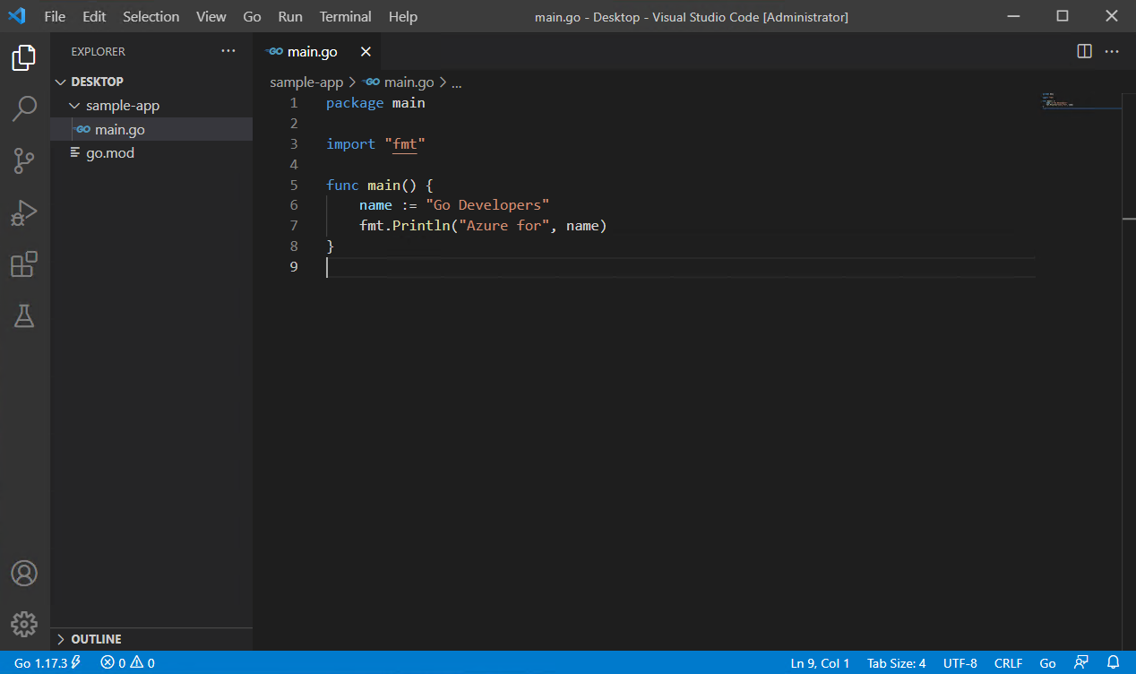 A screenshot showing a Go program within Visual Studio Code