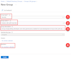A screenshot showing how to create a new Microsoft Entra group for the application.  