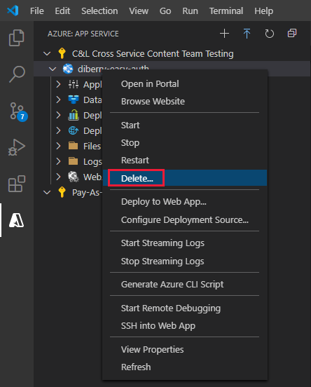 When you want to clean up the resources, right-click on the App service in the Visual Studio Code's App Service extension, then select **Delete**.
