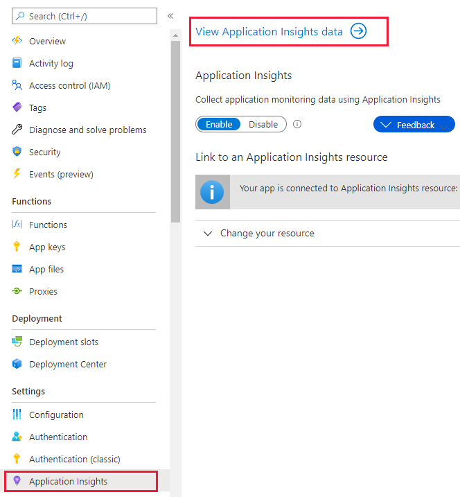 Browser screenshot showing menu choices. Select **Application Insights** from the Settings, then select **View Application Insights data**.