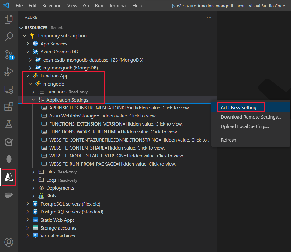 Partial screenshot of Visual Studio Code, showing the Azure explorer with the Functions Application Settings, with the Add new setting menu item highlighted.