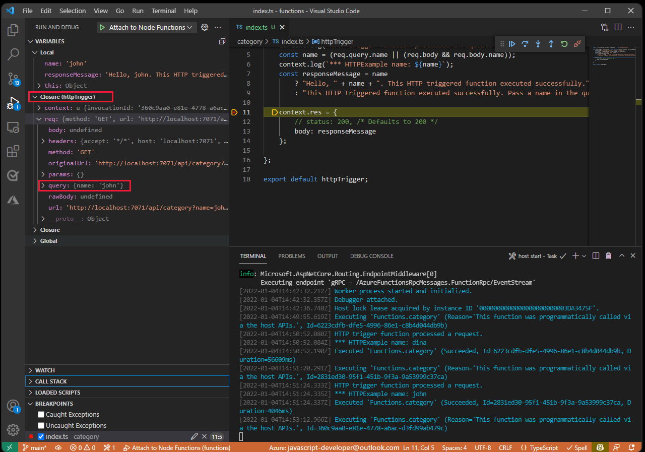 Screenshot of Visual Studio Code with breakpoint activated and Closure (httpTrigger) variables displaying request values.