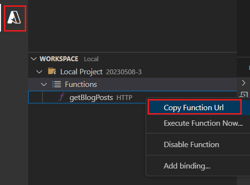Partial screenshot of Visual Studio Code, with the Azure Function's button named Copy Function URL highlighted.