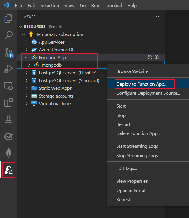 Partial screenshot of Visual Studio Code, showing the Azure explorer with the Functions deploy icon highlighted.