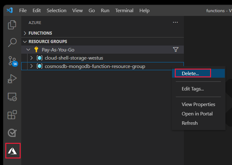 Use the Visual Studio Code extension, Azure Resource Groups, to delete the resource group and all resources within the group.
