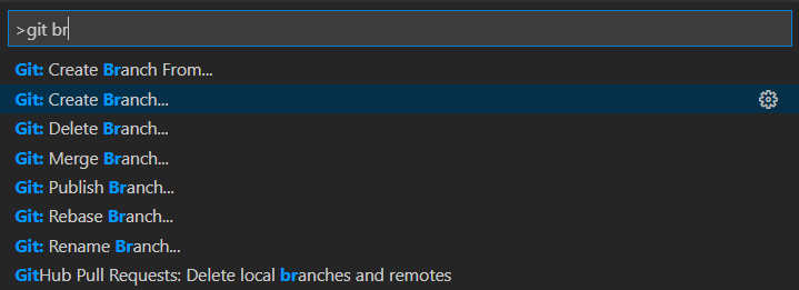 Screenshot of a search for `git branch` and select `Git: Create Branch`.