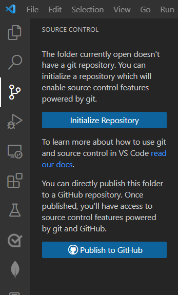 Screenshot of Visual Studio showing the Initialize repository button.