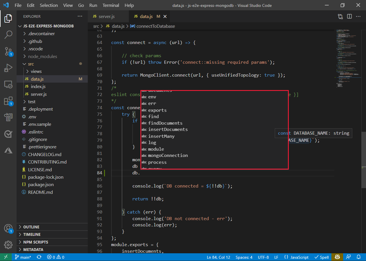 Full screenshot of Visual Studio Code showing the code completion pop-up window highlighted with a red box.