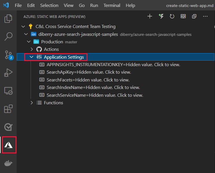VSCode extension: Under **Production** then **Application Settings**