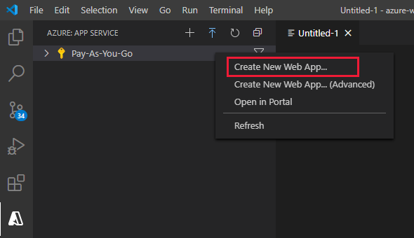 Partial screenshot of Visual Studio Code using Azure App service extension to create a web app.