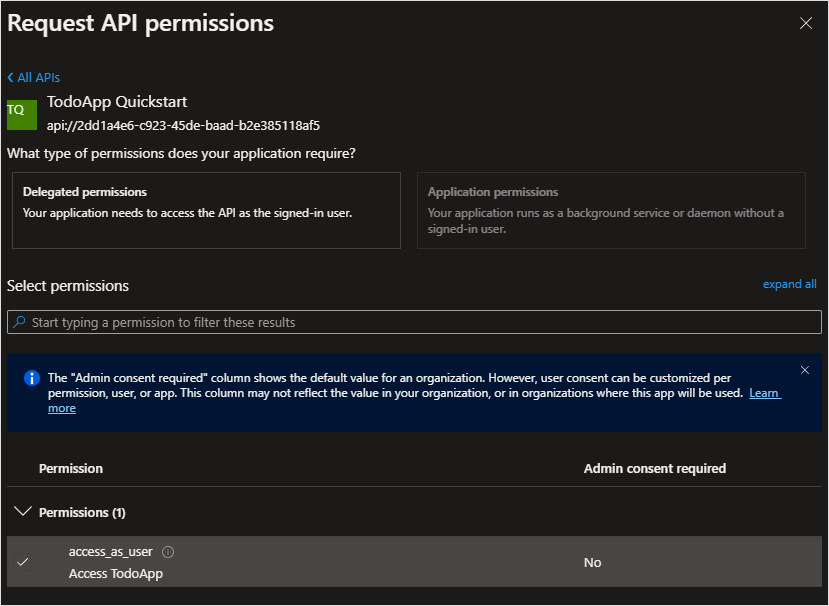 Screenshot of the scope registration in the Azure portal.
