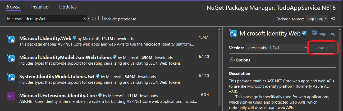Screenshot of adding the M S A L NuGet in Visual Studio.
