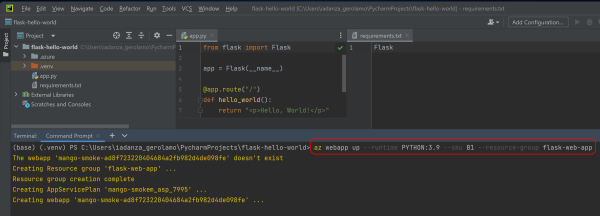 A screenshot of the PyCharm IDE with an Azure CLI command deploying a web app.