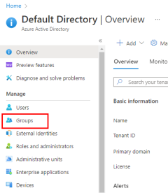 A screenshot showing the location of the Groups menu item in the left-hand menu of the Azure Active Directory Default Directory page.