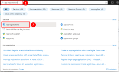 A screenshot showing how to use the top search bar in the Azure portal to find and navigate to the App registrations page.