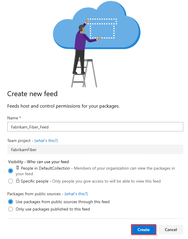 A screenshot showing how to create a new feed in Azure DevOps 2019.