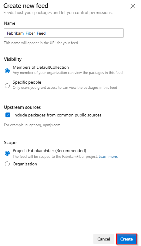 A screenshot showing how to create a new feed in Azure DevOps 2020.