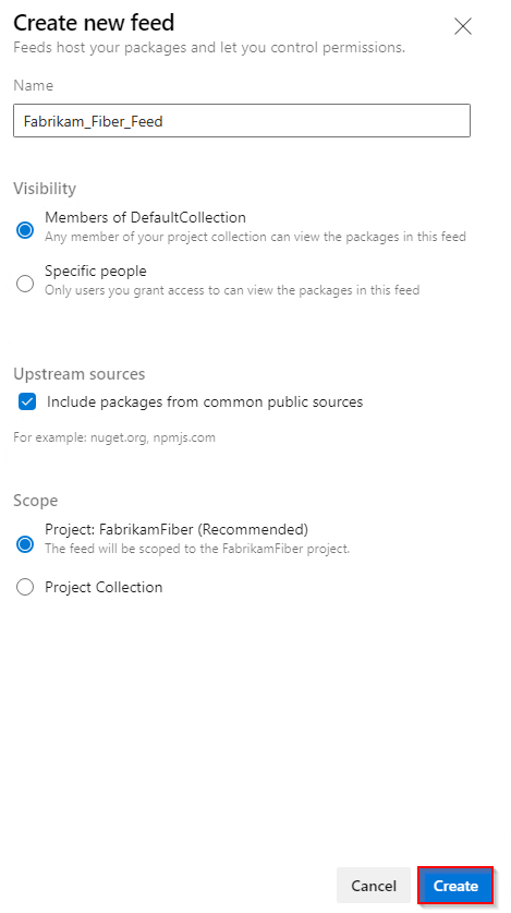 A screenshot showing how to create a new feed in Azure DevOps 2022.