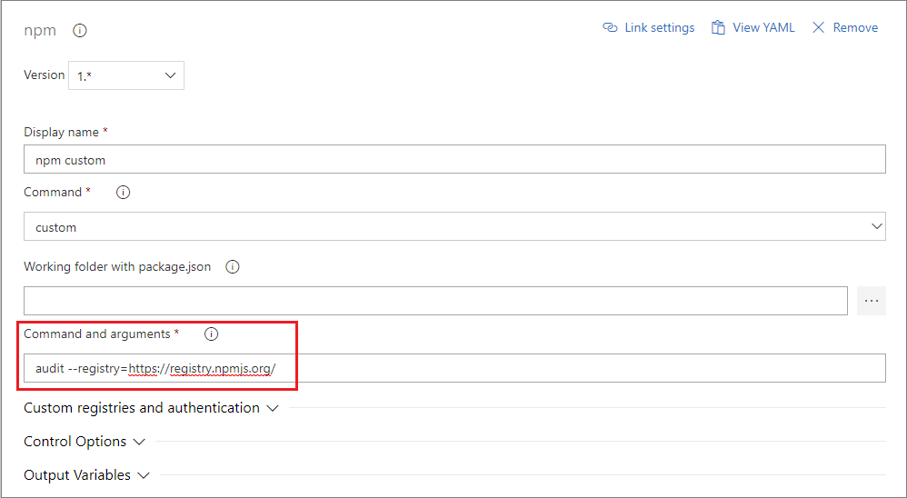 Screenshot showing the npm custom task to run npm audit