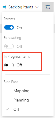 Screenshot of View options selector, In progress control, version 2019.