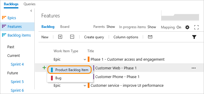 Screenshot showing how to add a child item to a backlog work item, TFS 2018.