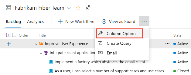 Choose Column options and then select Column options.