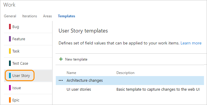 Manage user story templates