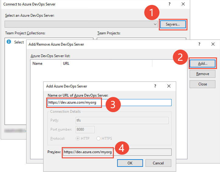 Screenshot of Connect to Azure DevOps Server sub-dialogs to add or remove a server.