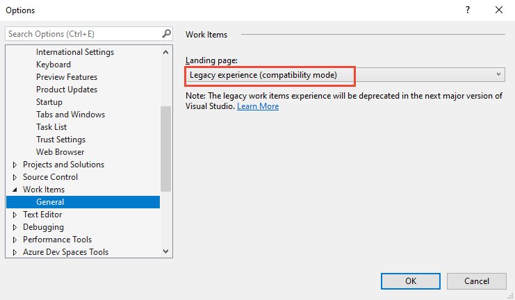 Screenshot of Visual Studio Options dialog, Work Items, General page.