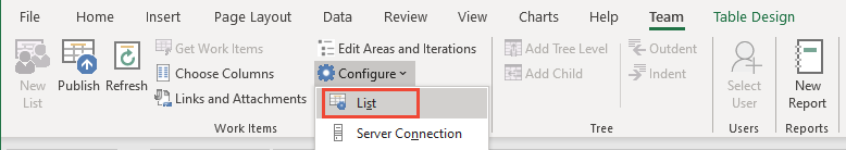Team ribbon, Configure, List menu option
