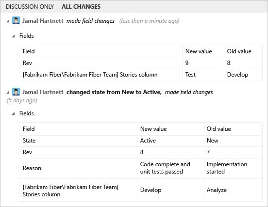 Screenshot that sows history field updates with Kanban column moves.