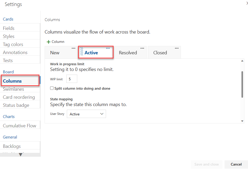 Screenshot that shows the Settings dialog and selection of an Active column.
