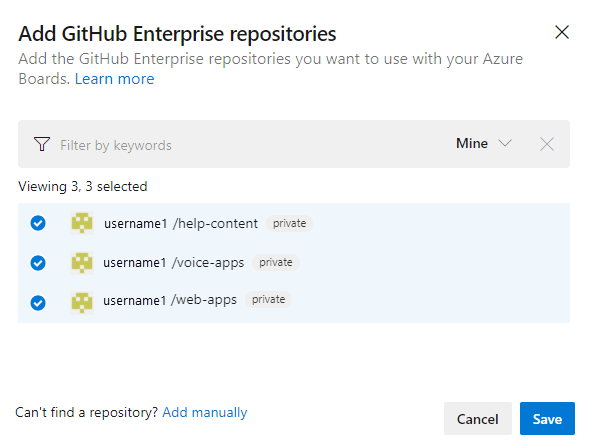 Screenshot of repositories listed.