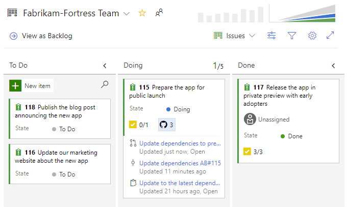 Screenshot of Azure Boards, Kanban board with GitHub annotations