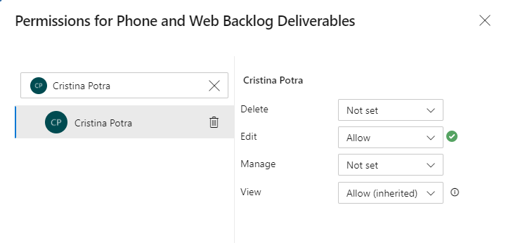 Screenshot showing example permissions dialog for delivery plan.