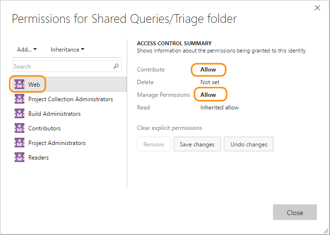 Permissions dialog for a query folder, TFS 2018 and earlier versions.