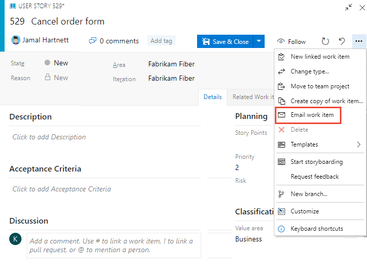 Screenshot of work item form, context menu, Email work items option.