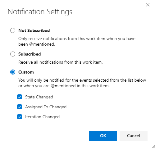 Work item form, Notification settings dialog for follow