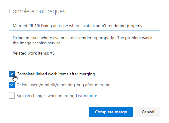 Complete pull request dialog, Autocomplete work items with completion of PR option