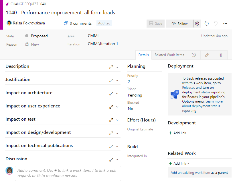Screenshot of a change request work item form.