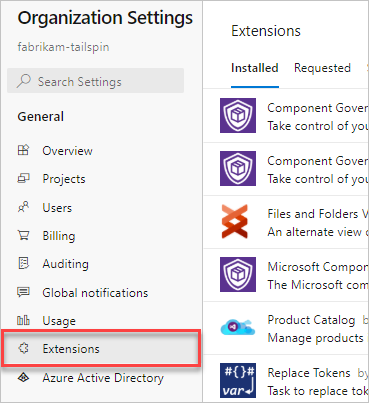Organization settings, extensions page