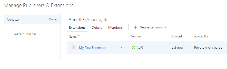 Screenshot showing extension in the list of published extensions.