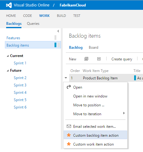 Backlog item actions custom menu options.  