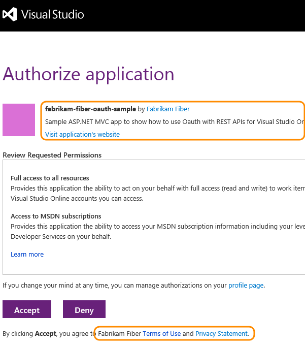 Screenshot showing Visual Studio Codespaces authorization page with your company and app information.