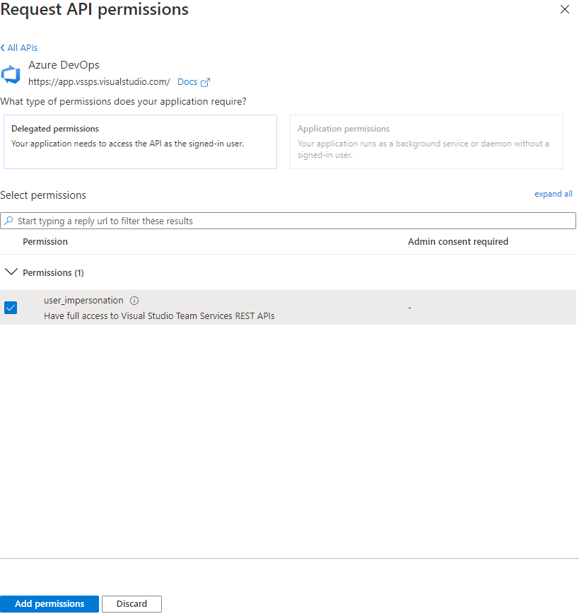 Screenshot shows add the Azure DevOps, user_impersonation permission.