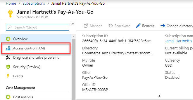 Screenshot showing highlighted Access control (IAM) button in Azure portal.