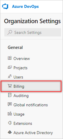 Screenshot showing highlighted Billing selection in Organization settings.