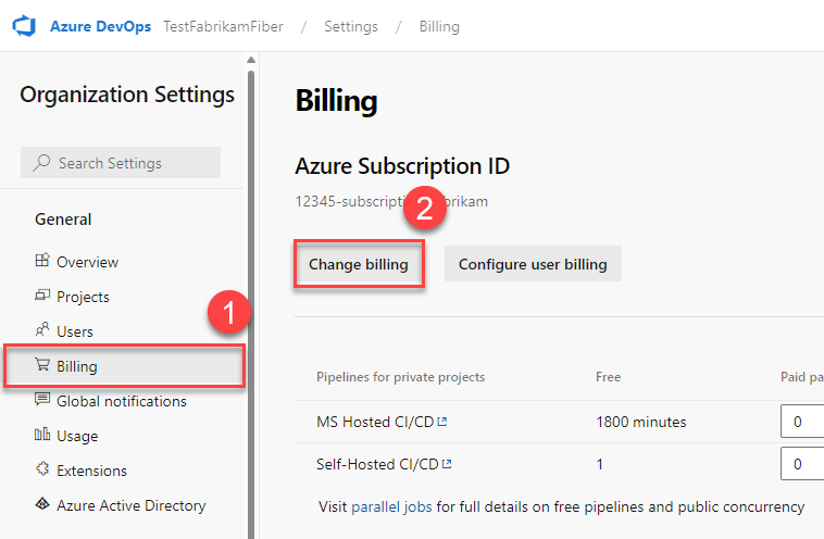 Screenshot of highlighted Billing and Change billing buttons.