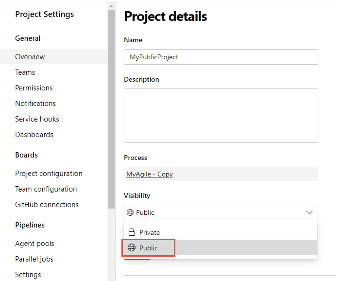 Project Settings, Overview, Visibility