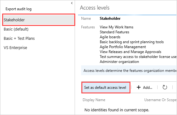 Screenshot of Stakeholder access level, set as default.